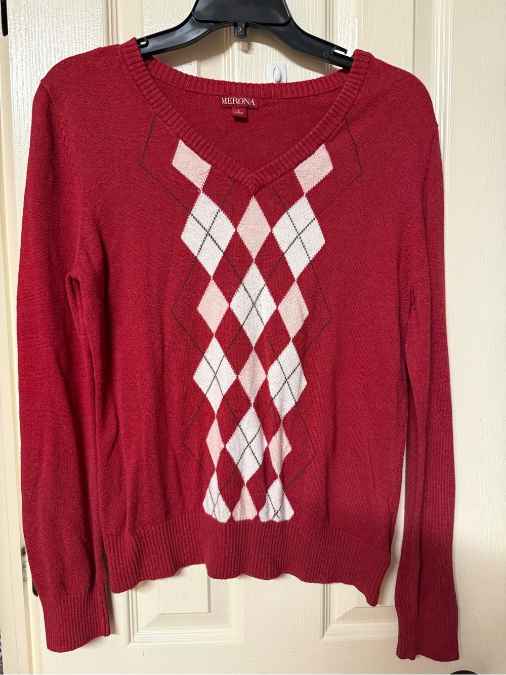 Merona Women's Red Argyle V-Neck Sweater with Pink and White Diamonds
